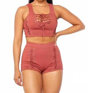 NEW HOT & DELICIOUS bucket list matching eyelet short set in brick